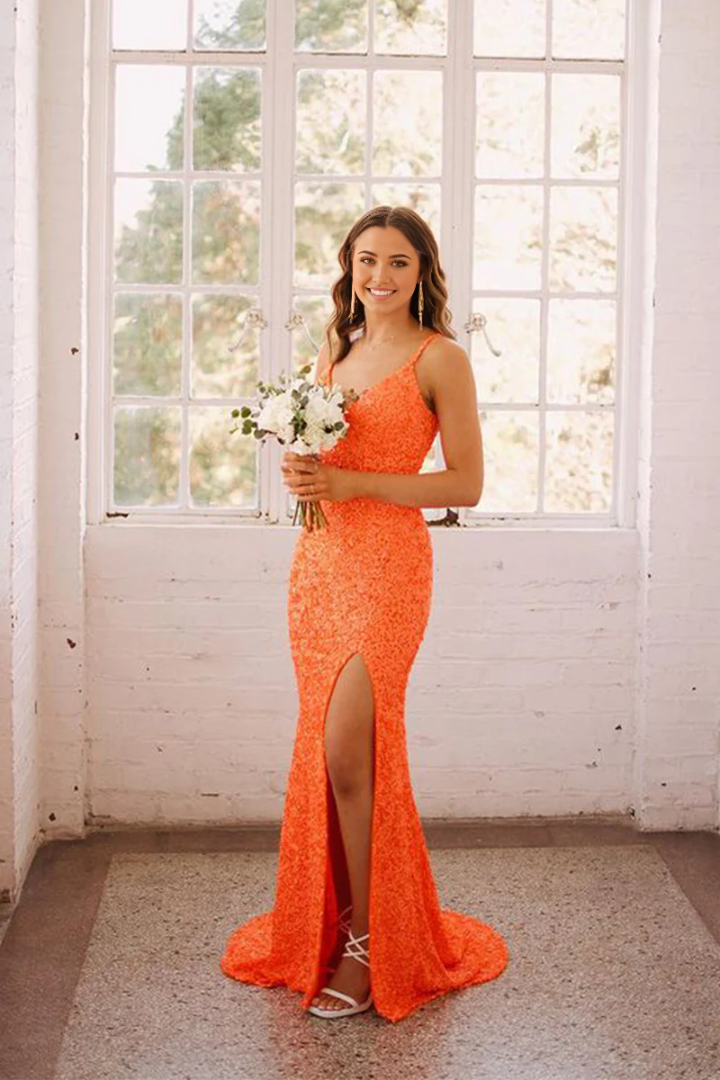 Mermaid V Neck Straps Orange Sequins Evening Dresses Prom Dresses with Slit